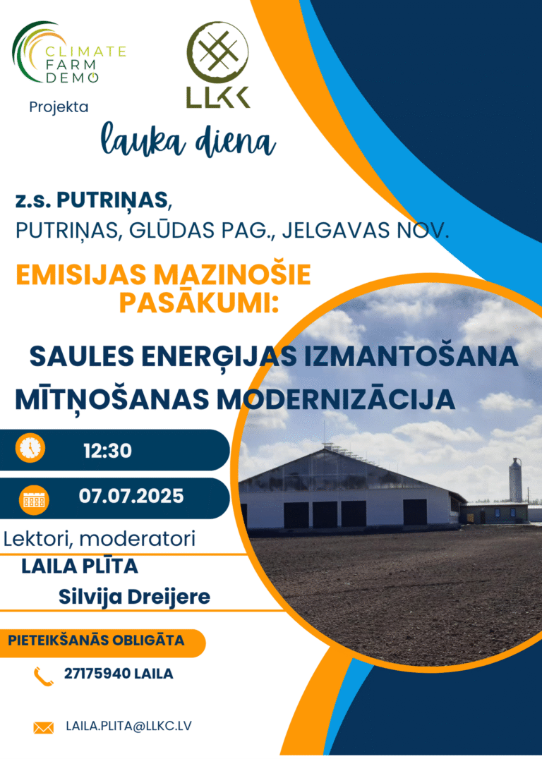 Afiša: Projekta “Climate Farm Demo” Lauka diena – Emisijas mazinošie pasākumi ZS Putriņas