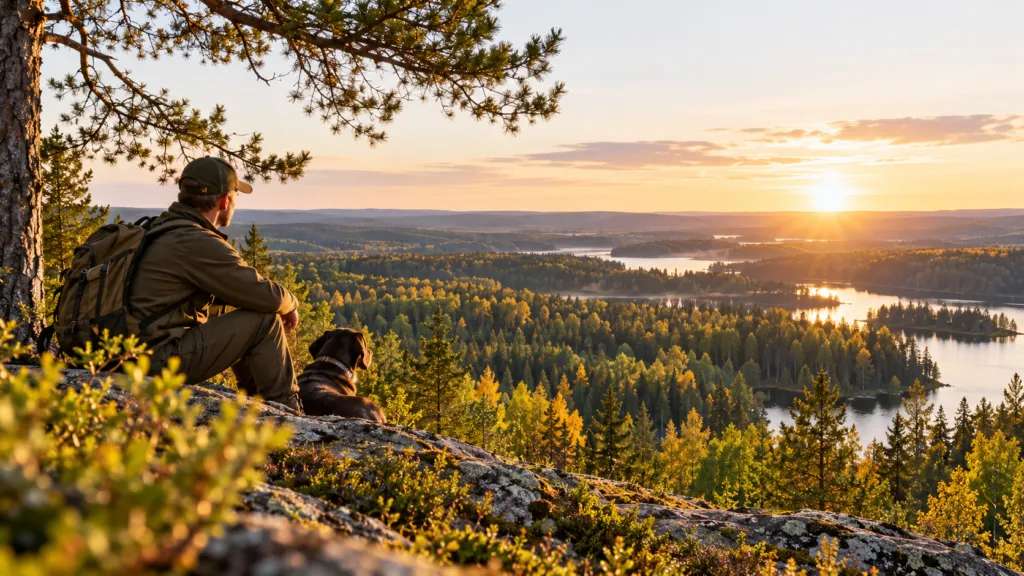Golden-Hour Valley View with Hiker and Dog